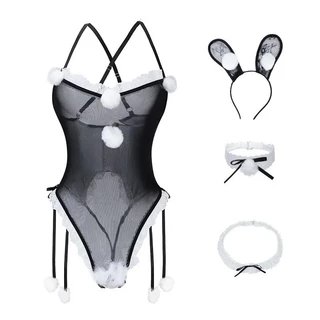 C17 cosplay thỏ bunny dáng jumpsuit bodysuit bộ liền thân kèm bờm thun lưới ren sexy gợi cảm clip thật