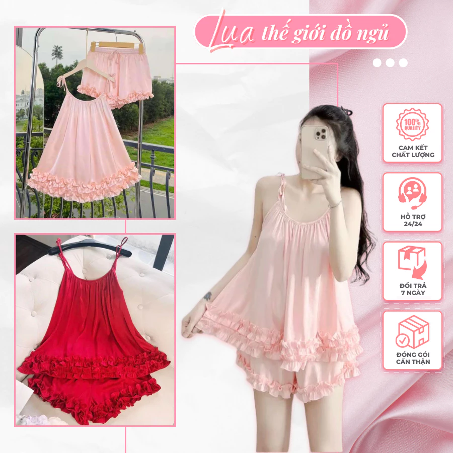 Đồ Ngủ 2 Dây 💥 HÀNG CAO CẤP 💥 Bộ Đồ Ngủ Nữ Lai Bèo Nhún Siêu Xinh Chất Lụa Lantin Mềm Mát