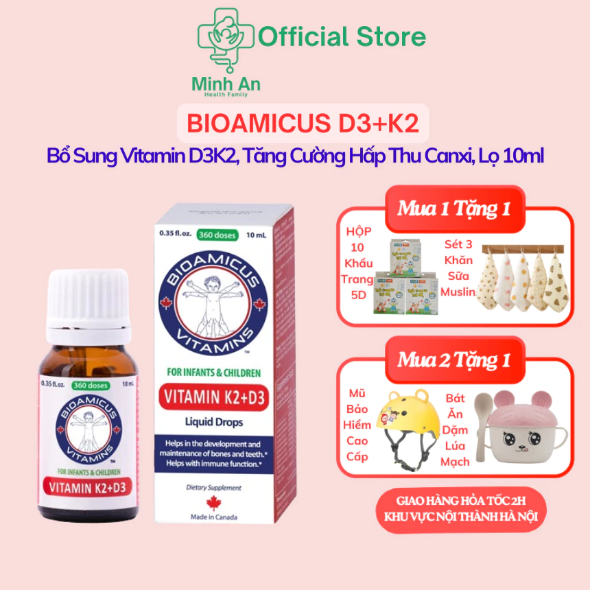 BioAmicus Vitamin D3K2 MK7 Giúp Bé Tăng Hấp Thu Canxi Tối Đa, Phát Triển Chiều Cao, Lọ 10ml