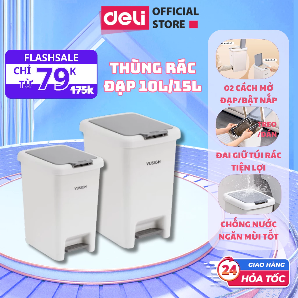 [SALE 79K] Thùng Rác Đạp Chữ Nhật 10L/15L Deli Nhựa Nguyên Sinh Ngăn Mùi Tốt Có Quai Cài Túi Rác