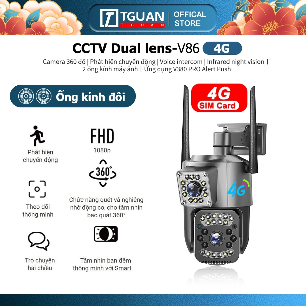 V380 PRO Dual Lens camera V86 quan sát camera giám sát không dây ngoài trời 4G camera an ninh Wifi IP ống kính kép