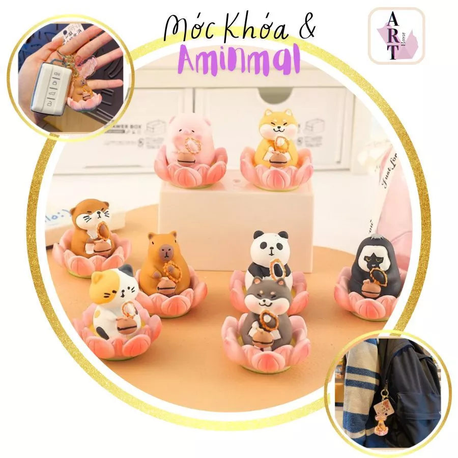 Móc Khóa Capybara Shiba Corgi Gấu Trúc Ngồi Hoa Sen Gõ Mõ Quà Tặng Móc Chìa Khóa