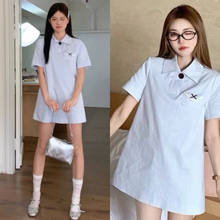 Váy Sơ Mi Tay Ngắn Dáng A Babydoll Phối Ren Nơ Túi Ngực Có Độn Vai Đứng Form Xinh Xỉu (Ảnh Thật Trải Sàn) Lollaye