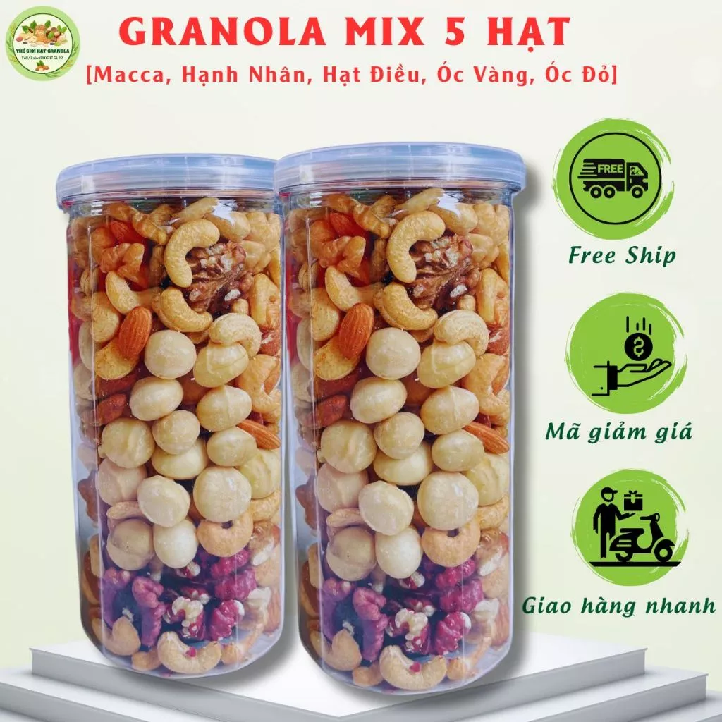 Granola Mix 5 Loại Hạt- Óc chó đỏ, óc chó vàng, Macca, Hạt điều, Hạnh nhân- Không yến mạch, Không bí, Không hoa quả sấy.