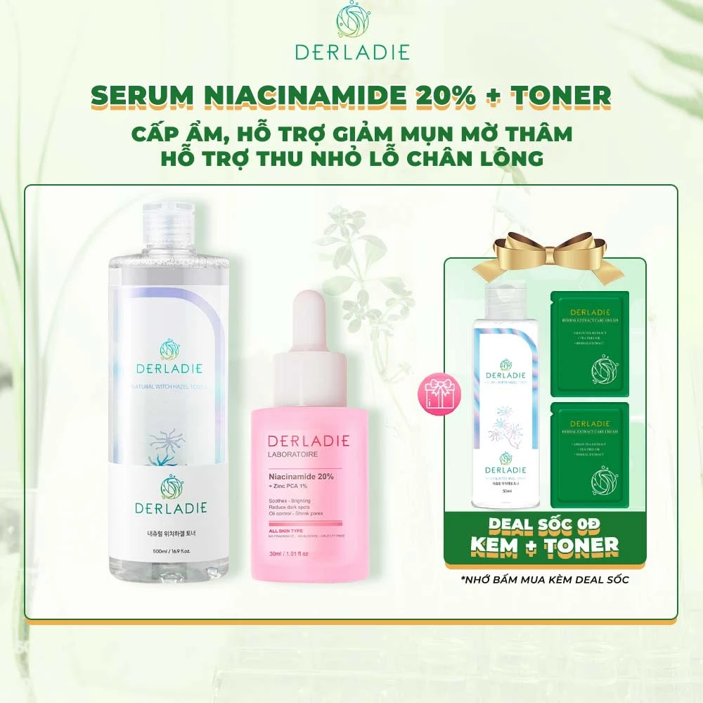 Bộ Đôi Toner Derladie 500ml, Serum Derladie Laboratoire Pore Tightening Ampoule Niacinamide 20% + Zic PCA 1% 30