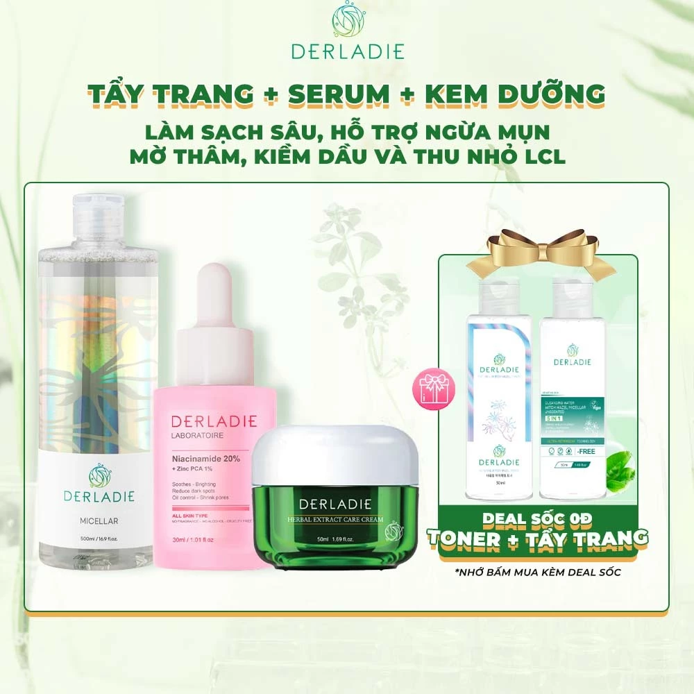 Bộ sản phẩm Tẩy trang, Serum, Kem dưỡng Derladie làm sạch, giảm mụn, thu nhỏ LCL dành cho da dầu mụn