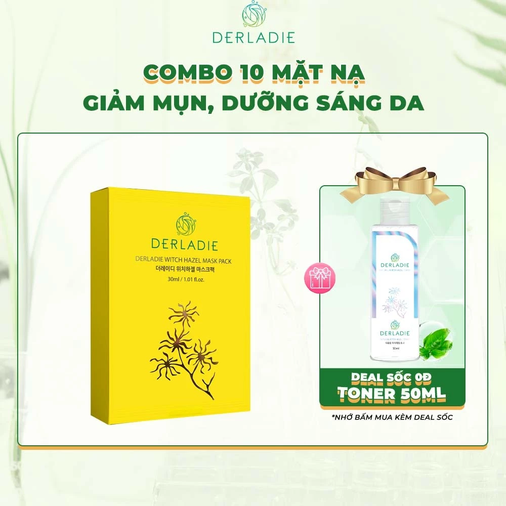 Combo 10 Mặt Nạ Derladie Witch Hazel Mask Pack Giảm Mụn, Dưỡng Sáng Da 30ml x 10