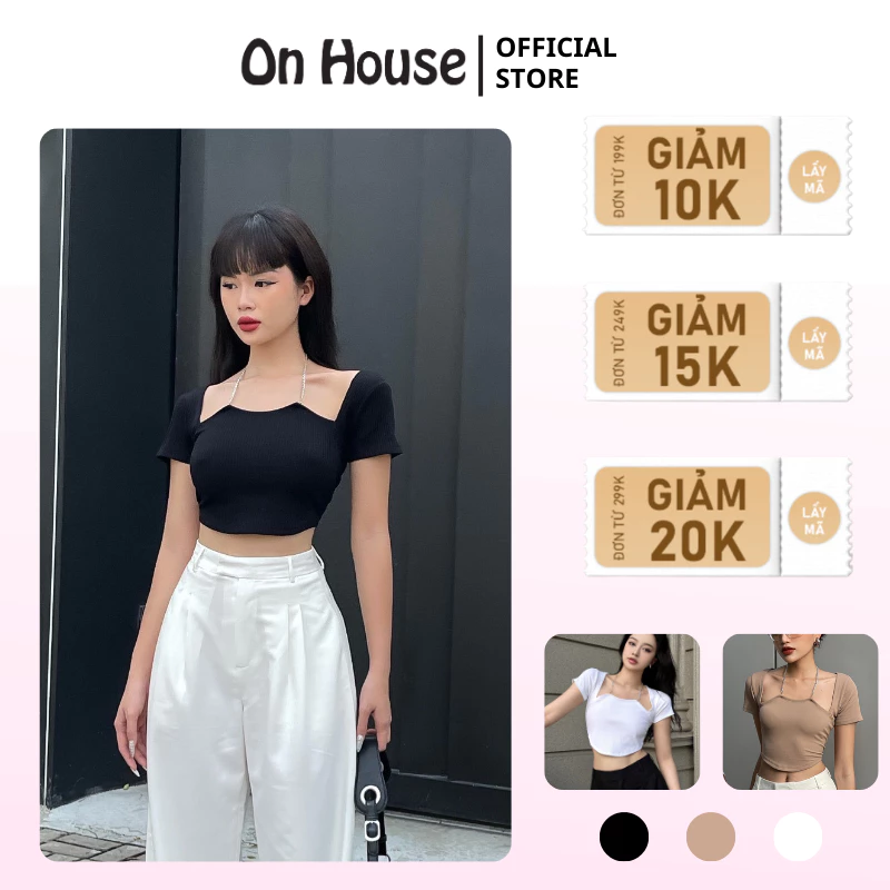 Áo Croptop cá tính thiết kế cổ vuông phối dây xích ON House chất thun gân mịn co dãn tốt phong cách thời trang nữ CR118
