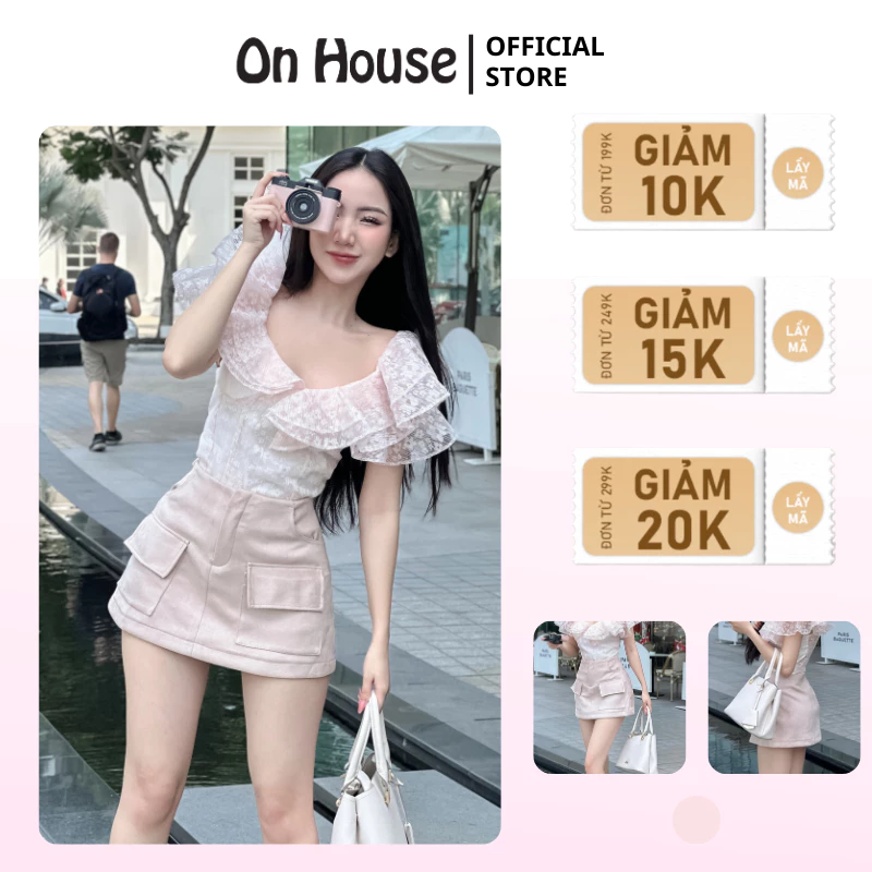 Chân váy ngắn Da lộn lưng vừa ngang rốn ON House thiết kế túi hộp phía trước năng động tone hồng da xinh xắn CV016