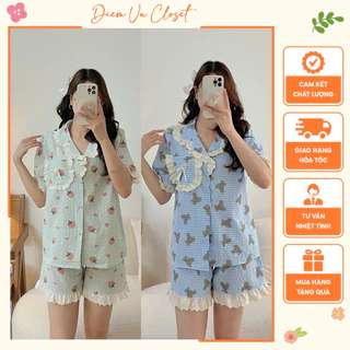 [HÌNH THẬT] Set pijama caro cotton cổ V, bộ ngủ nữ mặc nhà caro in phối bèo tiểu thư