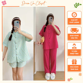 [HÌNH THẬT] Set pijama/ bộ ngủ nữ mặc nhà chất caro mềm cổ vuông cá tính