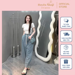 Quần Bò Chấm Bi Cạp Chun Dây Rút,Dáng Baggy Dành Cho Nữ,Chất Jean Bò Mềm Hàng QC 2 Size S và M.Huyền Shop