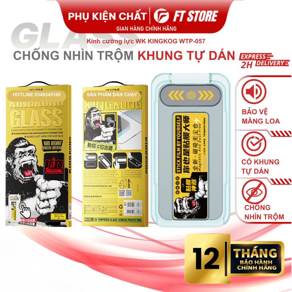 Kính Cường lực KINKOG WEKME WTP-057 khung tự dán, full màn chống bụi màn loa, siêu cứng, chống nhìn trộm - CHÍNH HÃNG