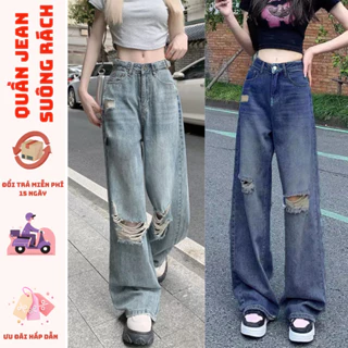 Quần jean RÁCH ống suông lưng cao nữ MIAA Chất denim co giãn màu RETRO dáng rộng cạp cao phong cách 2024