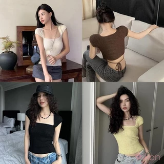 [HOT] Áo Croptop Dệt Kim Tay Ngắn Màu Trơn Thiết Kế Dây Đan Chéo Sau Lưng Quyến Rũ A80 zz