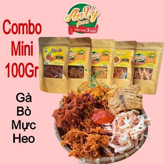 [ Combo 5 túi 100Gr ] Khô gà lá chanh, Khô heo cháy tỏi, Khô bò xé sợi, Khô mực cán tẩm, Mực hấp nước dừa