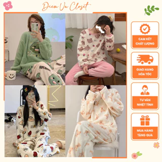 [CÓ SẴN] Bộ ngủ nữ chất bông nhung lông cừu mùa đông, set pijama chất dày dặn cute