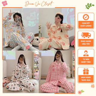 [CÓ SẴN] Set pijama bông lông cừu/cotton chần bông mùa bông, bộ ngủ nữ hoạ tiết hoạ tiết hoạt hình dễ thương