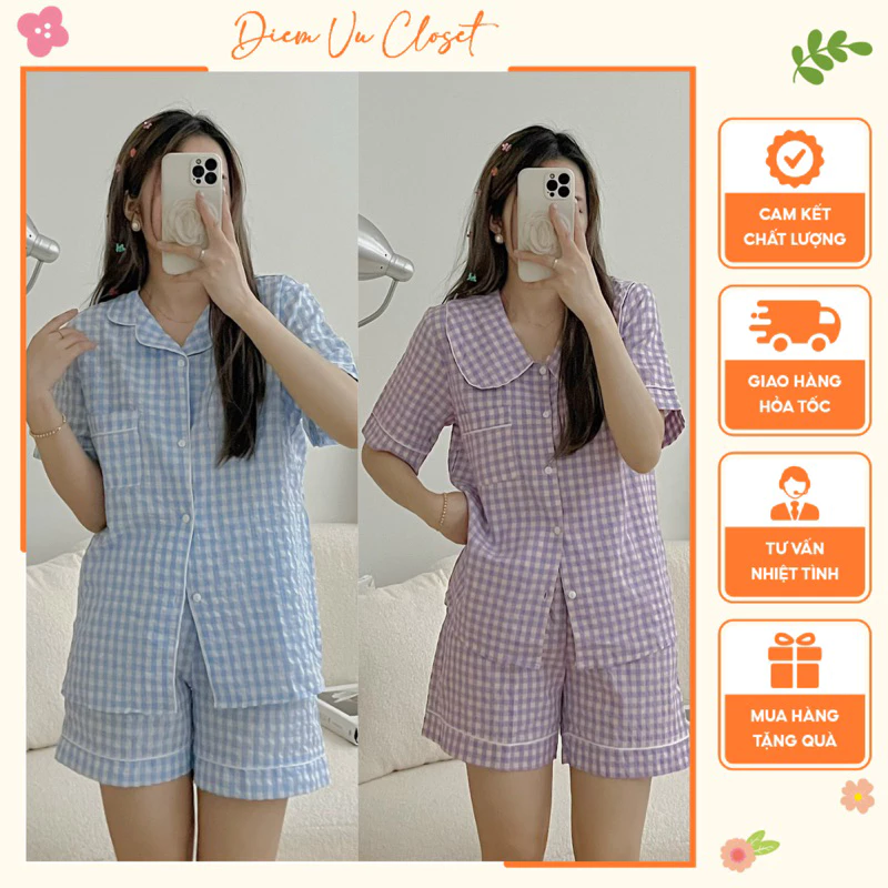 [HÌNH THẬT+ VIDEO] Set đồ ngủ đũi caro, pijama đũi mặc nhà hoạ tiết caro cổ sen/ cổ vest cộc đùi