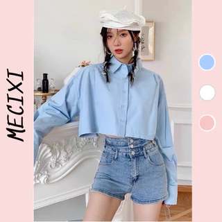 Áo sơ mi tay dài dáng ngắn MECIXI sơ mi trơn croptop cổ đức thời trang Hàn Quốc FG046