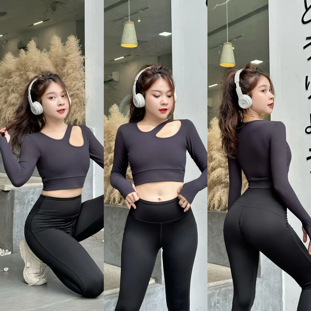 Áo tập Gym Yoga Aerobic Pickleball Thể Thao nữ, Áo Crotop tay dài xỏ ngón chất đẹp co giãn thấm hút mồ hôi tốt (Áo20)