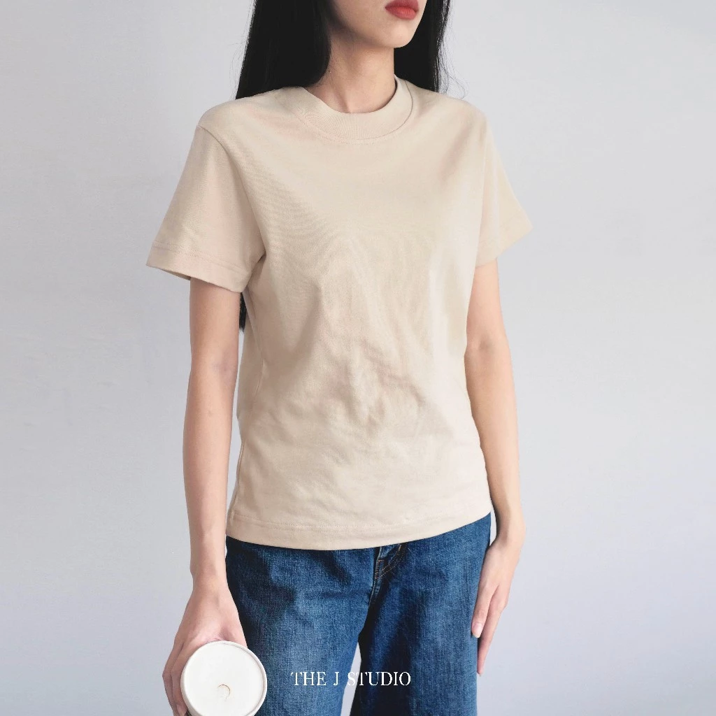 Baby Tee Màu Be - Áo Thun Trơn Nữ Basic Dáng Slim Fit Chất Cotton Dày Thấm Hút Mồ Hôi | THE J STUDIO