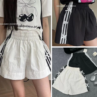 Quần short đùi nữ đính nơ, quần đùi cạp chun cao phối sọc viền thể thao chất liệu cotton thoáng mát