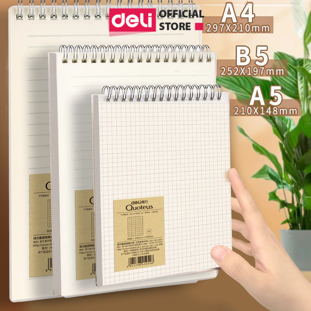 Sổ lò xo kép A5 B5 Deli Sổ bìa trong 160 trang dạng dọc giấy kẻ ngang/ caro chống lóa Viết callipraphy Ghi Chú Takenote