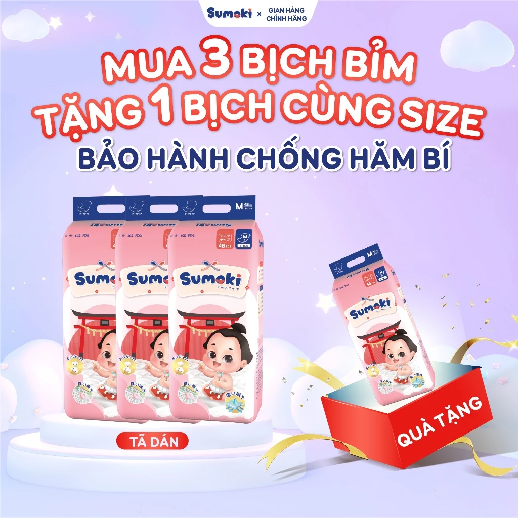 [MUA 3 BỊCH TẶNG 1 BỊCH CÙNG SIZE] Combo 4 Bịch Tã Bỉm Dán/Quần Sumoki Nhật Bản mỏng thoáng, đủ size cho bé