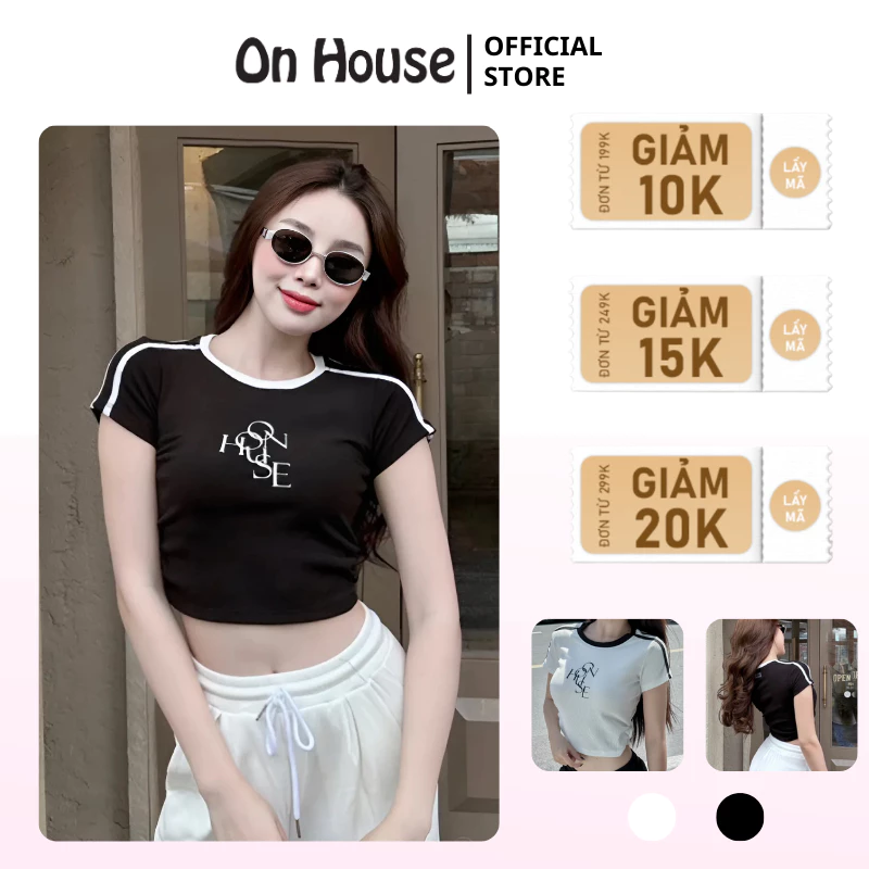 Áo Croptop tay ngắn ON House basic in chữ thương hiêu thiết kế nhúng eo phối 2 line cá tính chất gân len mịn CR141 Q049