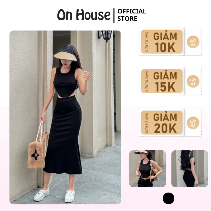 Set váy đuôi cá đen dáng dài chất thun gân phối với áo ba lỗ vạt bầu