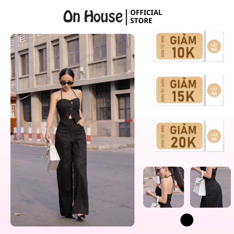 Set Quần dài lưng cao ống rộng dáng suông và áo yếm gài nút xẻ tà có dây cột không tuột chất jean mềm hoạ tiết hoa mai