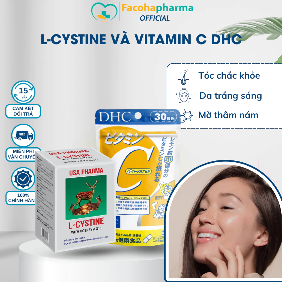 Combo viên uống trắng da L cystine 60v và vitamin C DHC 60v giảm rụng tóc mờ thâm nám cho làn da sáng mịn 30 ngày COMBO1