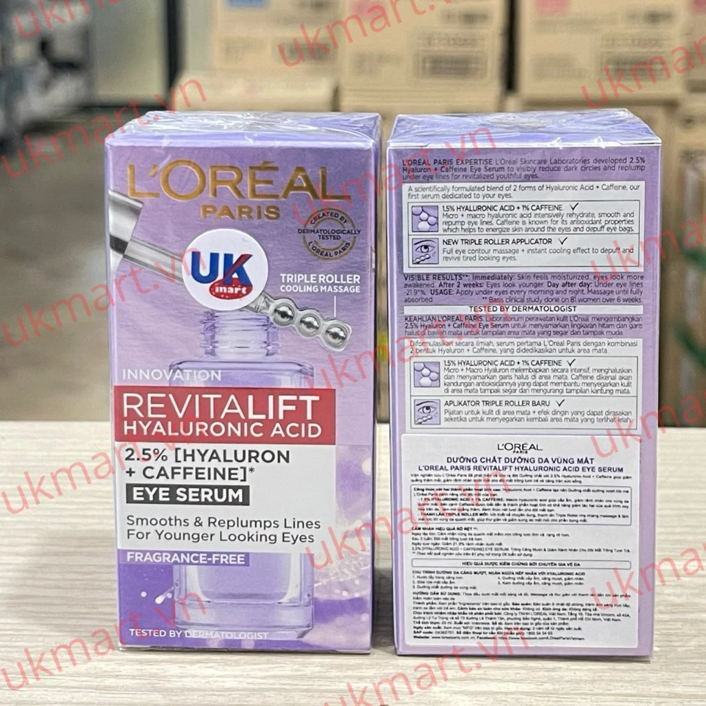 Serum L'Oreal Giảm Bọng Mắt & Làm Đầy Rãnh Nhăn 20ml Revitalift 2.5% Hyaluronic Acid + Caffeine Eye