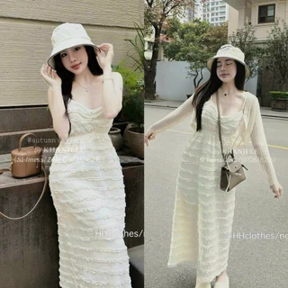 Set đầm công chúa dáng midi hai dây chất ren thun kèm khoác dài tay form ngắn phù hợp đi chơi, diện tiệc [890]