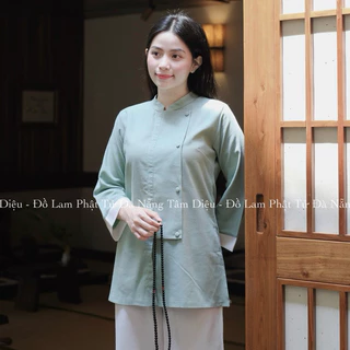 [ Ảnh Thật ] Set Linen Bột Cổ Tàu Nút Thắt Phối Tay Viền Đồ Lam Đi Chùa Phật Tử Đà Nẵng