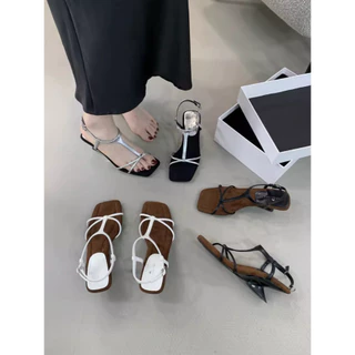 [ORDER] ALI LOVER Giày sandal đế xuồng quai mảnh ngang mũi vuông mùa hè 2024, Giày cao gót da quai ngang thời trang nữ