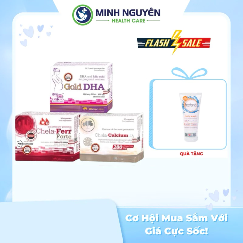 Combo bầu Gold DHA , sắt chela, canxi chela tặng 1 fem cam 50ml