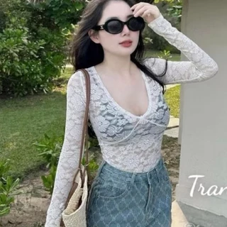 LAYLASHOP Áo tay dài ren nữ mix đồ sang chảnh ôm phom mềm không gây ngứa