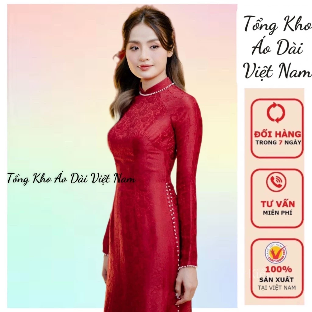 Áo dài gấm màu đỏ đậm kết ngọc full tà, mềm mịn, co dãn nhẹ, áo dài cô dâu - Tổng Kho Áo Dài Việt Nam