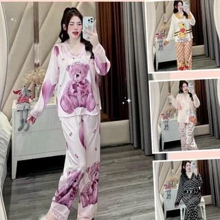 Đồ Bộ Nữ Pijama Bộ Lụa Xước Tay Dài Ren Họa Tiết Siêu Xinh-Anh Thư shop