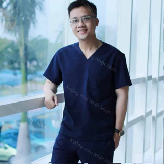 Bộ Scrubs cổ tim màu xanh than vải cotton lạnh hàn cao cấp, đồng phục phòng khám,spa,phòng mổ, áo nha khoa bác sỹ