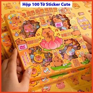 Hộp 100 tấm sticker Capy cute dễ thương trang trí dán tập vở, bình nước, bút và nhiều vật dụng khác