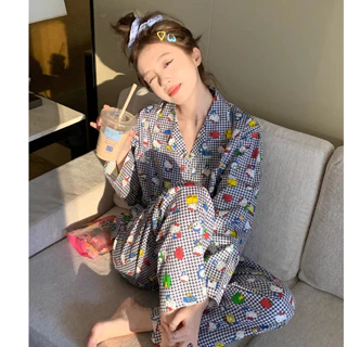 Bộ đồ ngủ pijama dài tay kẻ sọc hoạt hình siêu xinh, Set đồ ngủ mặc nhà sọc kẻ dễ thương thời trang nữ 1416