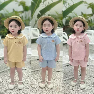 Set bộ quần áo kẻ thêu gấu dễ thương cho bé gái