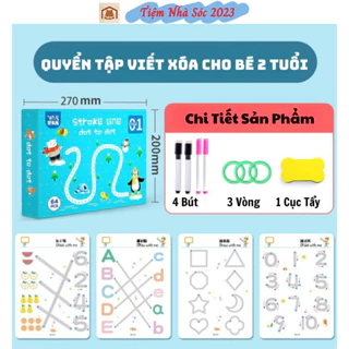 Học Liệu Montessori Đồ Chơi Giáo Dục Cho Bé  Combo Tập Tô Vẽ Thông Minh Xóa Được 64 Trang Tặng 4 Bút Dot To Dot