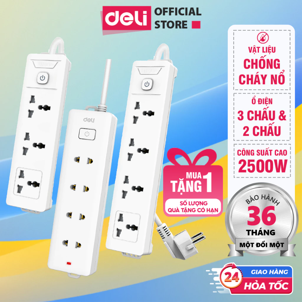 [MUA 1 TẶNG 1] Ổ Cắm Điện Đa Năng DELI Công Suất 2500W Thiết Kế An Toàn Chống Cháy Nổ Nắp Chống Giật