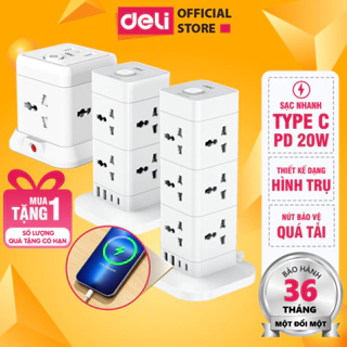 [QUÀ TẶNG] Ổ Cắm Điện Vuông Đa Năng DELI Sạc Nhanh USB TypeC 20W Cầu Chì Tự Ngắt Công Suất 2500W