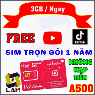 Sim 4G Mobifone Local A500 3GB/Ngày, Free YOUTUBE Tík Tốc - Trọn gói 1 Năm Không Nạp Tiền | DF550