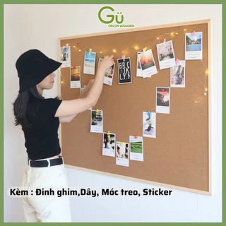 Bảng ghim gỗ bần size to 60 x 90cm ghim ảnh,tài liệu, giấy note trang trí tường ( Tặng kèm phụ kiện )